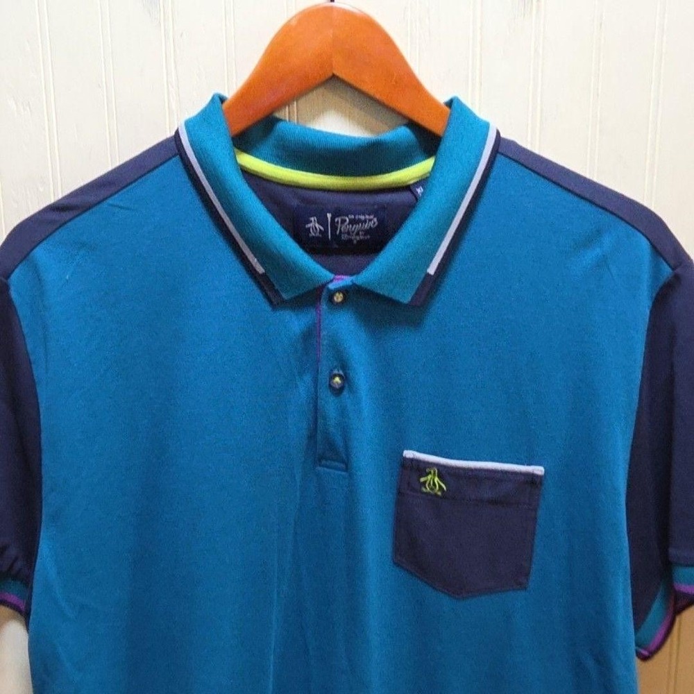 Original Penguin Polo Shirt Mens XL Blue Navy Colorblock Pocket Logo Knit Top